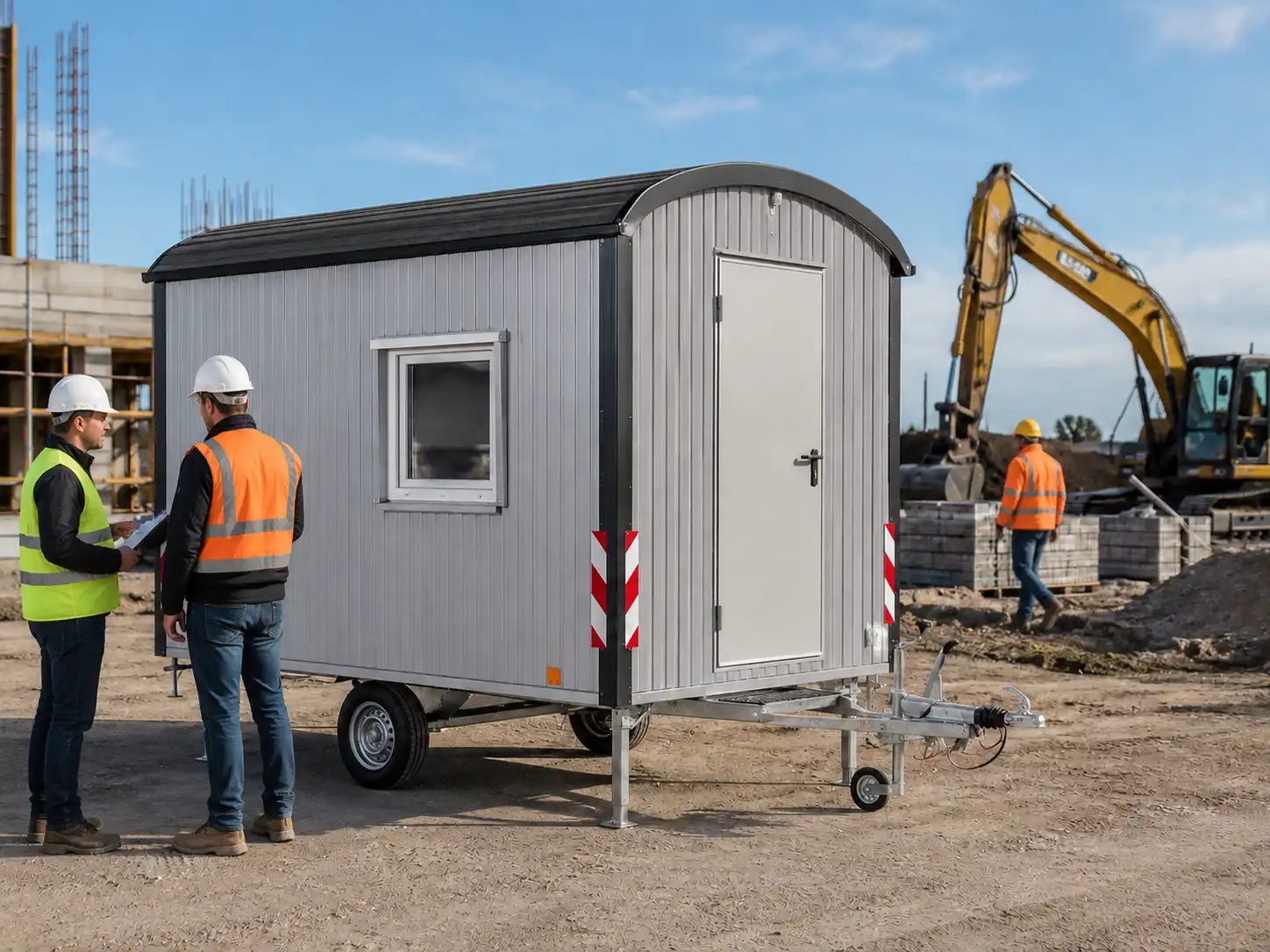 Bauwagen auf Baustelle als Pausenraum und Aufenthaltswagen