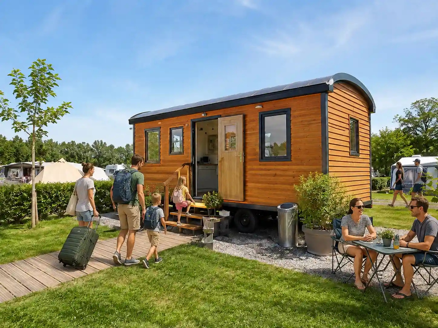 Freizeitbauwagen in Campingumgebung als Wohnwagen Alternative