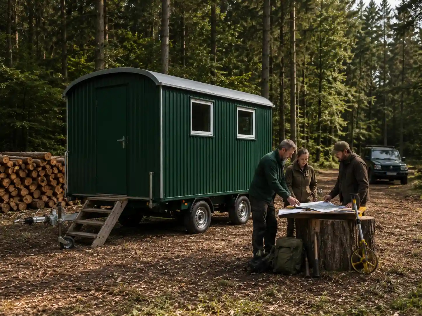 Forstpersonalwagen als mobiler Aufenthaltsraum im Wald